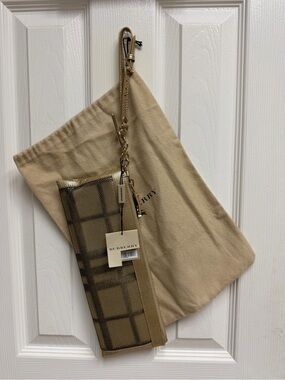 Burberry Tan Plaid Wristlet with Gold Hardware